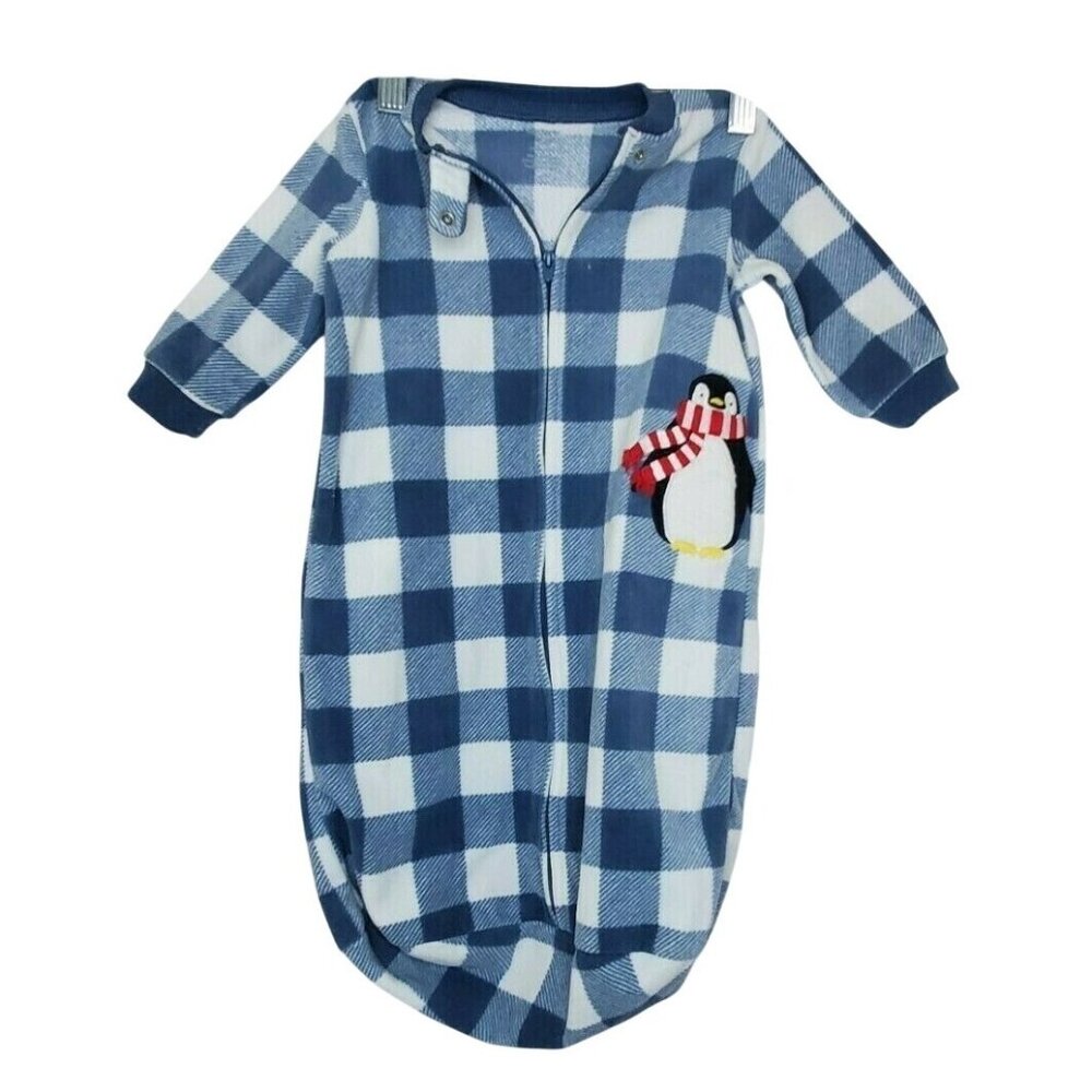 Penguin Embroidered Toddler Pajama Set – Blue White Checkered, Closed Feet, 0-9